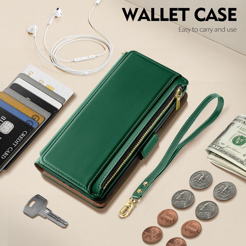 Antsturdy Compatible with iPhone 16 Pro Max Wallet Case,RFID Blocking PU Leather Phone Case Women Men Kickstand flip Cover Wrist Strap Zipper Credit Card Holder Slots for Apple 16 ProMax,Green - Image 2